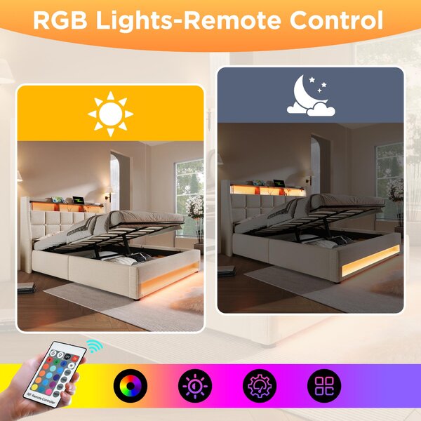 Upholstered Double Bed with LED Lighting and USB‑C Charging Station, Bed Frame with Padded Headboard, 200L x 140W x 117H cm, Beige Aosom UK