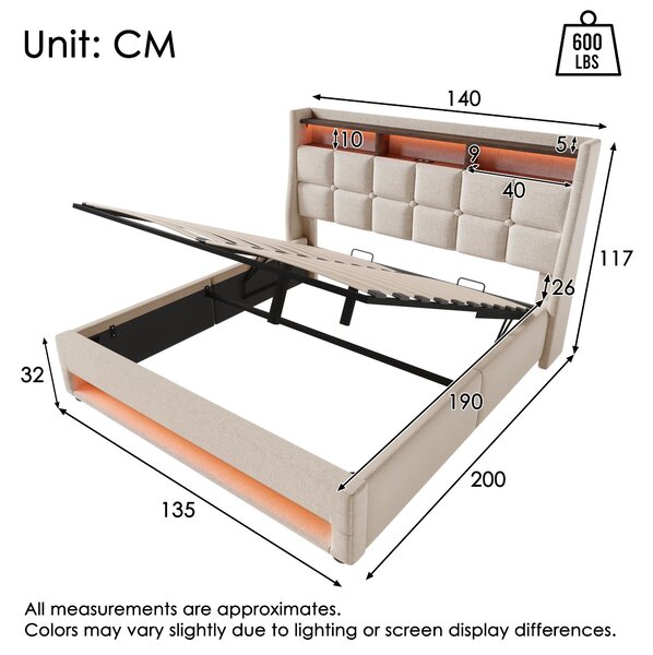 Upholstered Double Bed with LED Lighting and USB‑C Charging Station, Bed Frame with Padded Headboard, 200L x 140W x 117H cm, Beige Aosom UK
