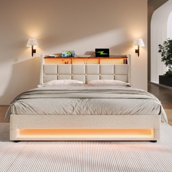 Upholstered Double Bed with LED Lighting and USB‑C Charging Station, Bed Frame with Padded Headboard, 200L x 140W x 117H cm, Beige Aosom UK