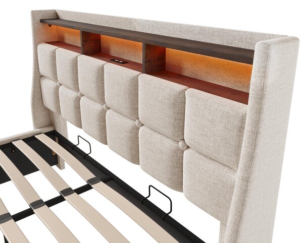 Upholstered Double Bed with LED Lighting and USB‑C Charging Station, Bed Frame with Padded Headboard, 200L x 140W x 117H cm, Beige Aosom UK