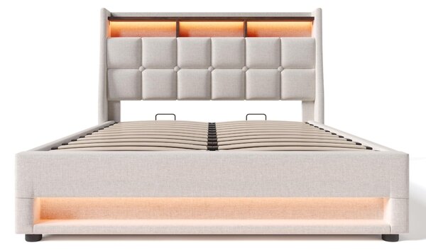 Upholstered Double Bed with LED Lighting and USB‑C Charging Station, Bed Frame with Padded Headboard, 200L x 140W x 117H cm, Beige Aosom UK