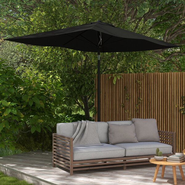 Outsunny 2 x 3(m) Garden Parasol Umbrella, Rectangular Market Umbrella Sun Shade w/ Crank & Push Button, 6 Ribs, Aluminium Pole, Black Aosom UK