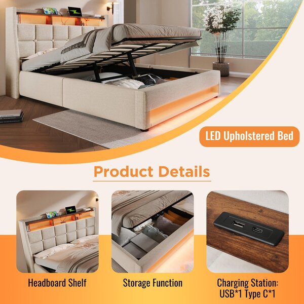 Upholstered Double Bed with LED Lighting and USB‑C Charging Station, Bed Frame with Padded Headboard, 200L x 140W x 117H cm, Beige Aosom UK
