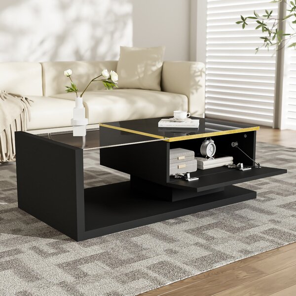 High-Gloss Black Coffee Table with Tempered Glass Top and LED Lighting, Tea Table Perfect for Modern Elegance, 90L x 50W x 32.5H cm, Black Aosom UK