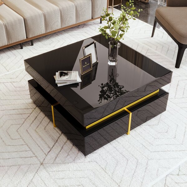 High-Gloss Coffee Table with Accents, Drawers and Practical Storage, Side Table Ideal for Modern Elegance, 70L x 70W x 35.5H cm, Black Aosom UK