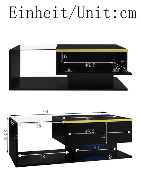 High-Gloss Black Coffee Table with Tempered Glass Top and LED Lighting, Tea Table Perfect for Modern Elegance, 90L x 50W x 32.5H cm, Black Aosom UK