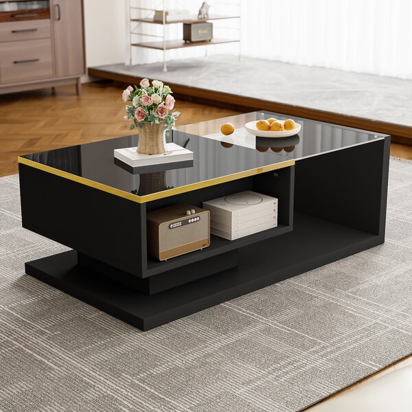 High-Gloss Black Coffee Table with Tempered Glass Top and LED Lighting, Tea Table Perfect for Modern Elegance, 90L x 50W x 32.5H cm, Black Aosom UK