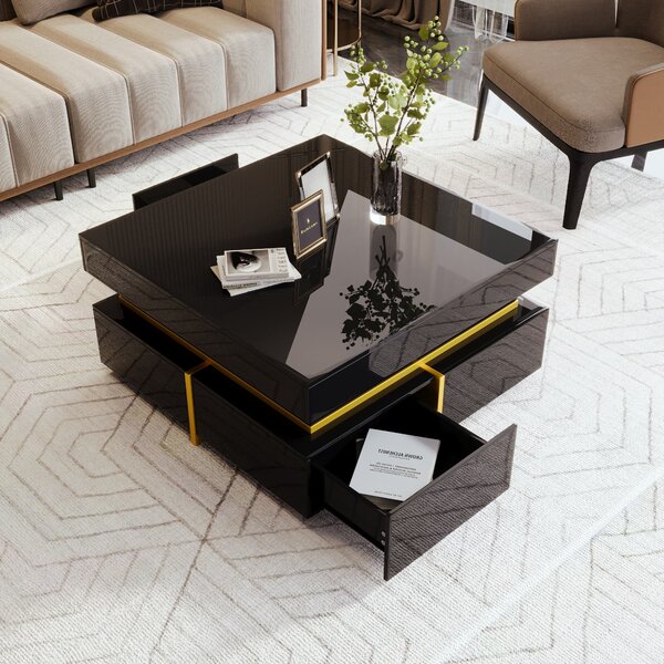 High-Gloss Coffee Table with Accents, Drawers and Practical Storage, Side Table Ideal for Modern Elegance, 70L x 70W x 35.5H cm, Black Aosom UK