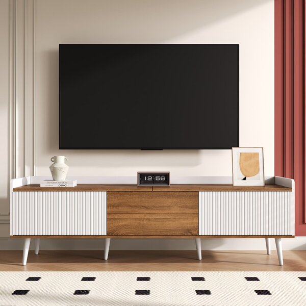 3 Doors TV Cabinet with Raised Edge and Wooden Legs, Media Cabinet Ideal for Modern Homes with Children, 160L x 39W x 49.5H cm, White Aosom UK