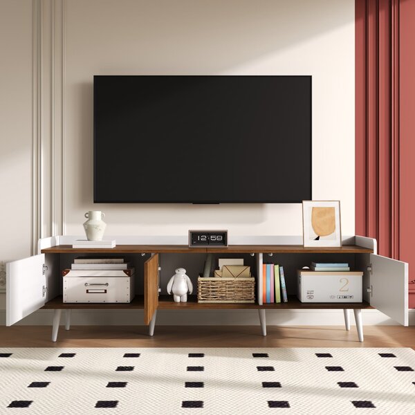3 Doors TV Cabinet with Raised Edge and Wooden Legs, Media Cabinet Ideal for Modern Homes with Children, 160L x 39W x 49.5H cm, White Aosom UK