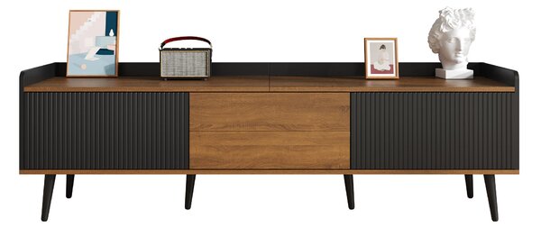 3 Doors TV Cabinet with Raised Edge and Wooden Legs, Media Cabinet Ideal for Modern Homes with Children, 160L x 39W x 49.5H cm, Black Aosom UK