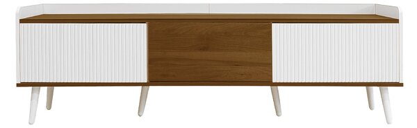 3 Doors TV Cabinet with Raised Edge and Wooden Legs, Media Cabinet Ideal for Modern Homes with Children, 160L x 39W x 49.5H cm, White Aosom UK