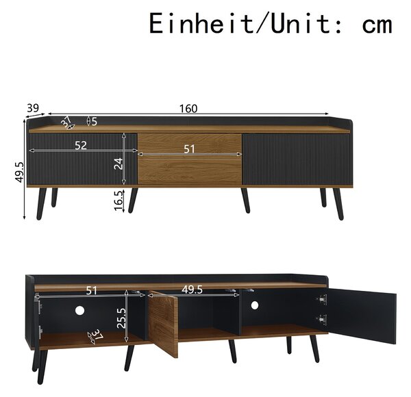 3 Doors TV Cabinet with Raised Edge and Wooden Legs, Media Cabinet Ideal for Modern Homes with Children, 160L x 39W x 49.5H cm, Black Aosom UK