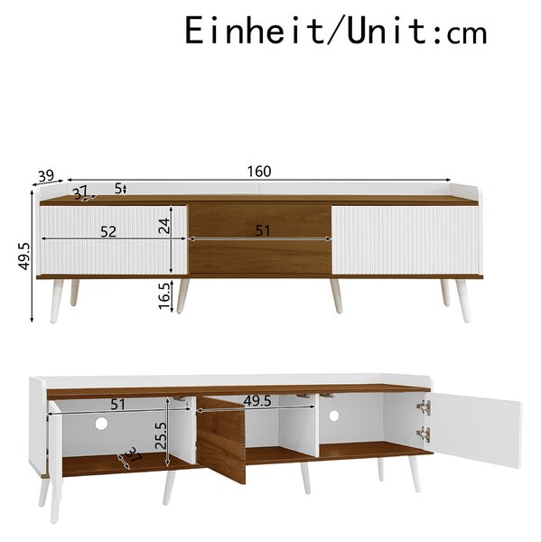 3 Doors TV Cabinet with Raised Edge and Wooden Legs, Media Cabinet Ideal for Modern Homes with Children, 160L x 39W x 49.5H cm, White Aosom UK