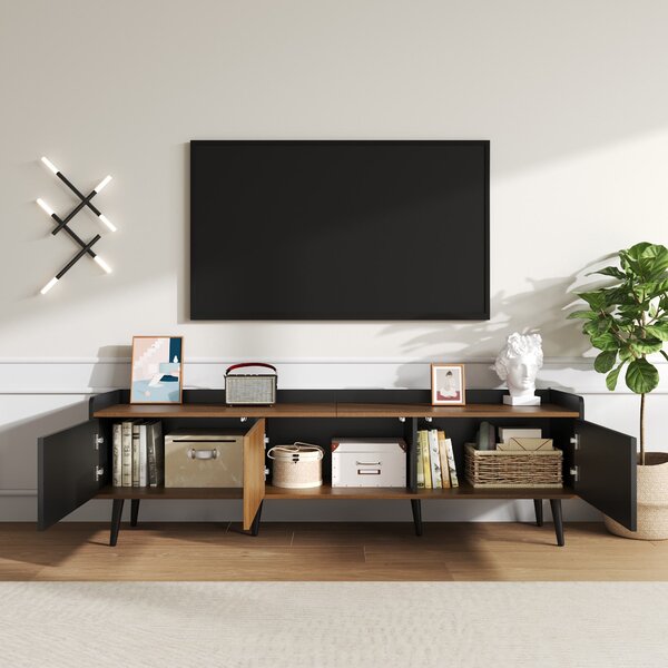 3 Doors TV Cabinet with Raised Edge and Wooden Legs, Media Cabinet Ideal for Modern Homes with Children, 160L x 39W x 49.5H cm, Black Aosom UK