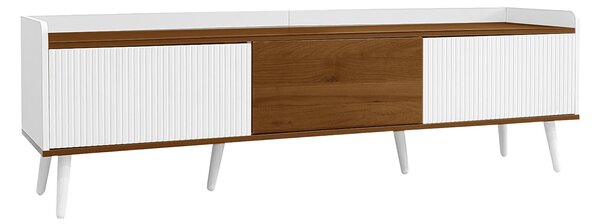 3 Doors TV Cabinet with Raised Edge and Wooden Legs, Media Cabinet Ideal for Modern Homes with Children, 160L x 39W x 49.5H cm, White Aosom UK