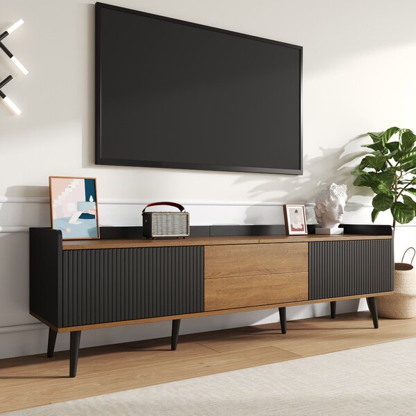 3 Doors TV Cabinet with Raised Edge and Wooden Legs, Media Cabinet Ideal for Modern Homes with Children, 160L x 39W x 49.5H cm, Black Aosom UK