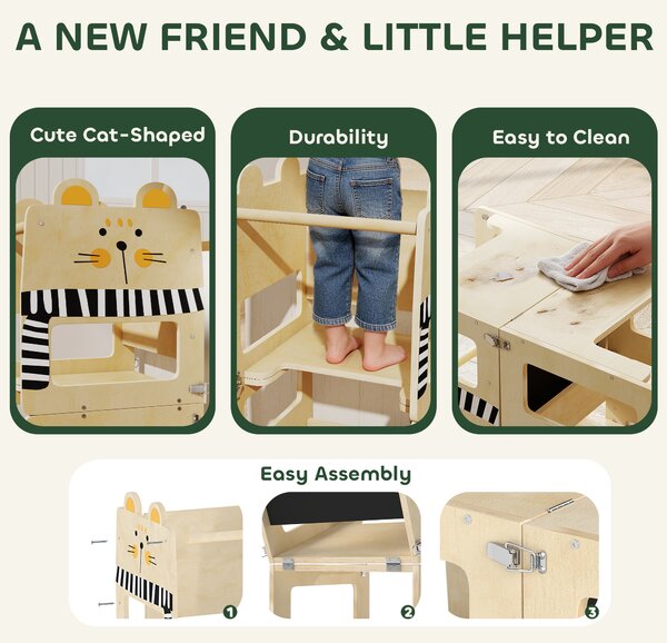AIYAPLAY Toddler Step Stool, Standing Tower with Chalkboard, 3-in-1 Cat-Shaped Step Stool for Kitchen Counter, Natural