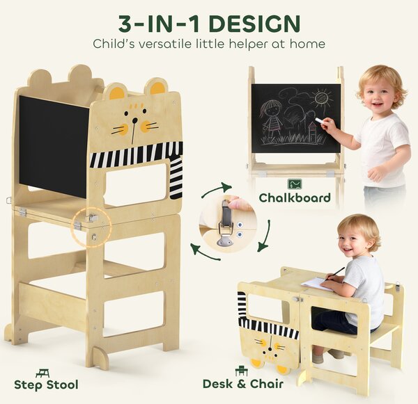 AIYAPLAY Toddler Step Stool, Standing Tower with Chalkboard, 3-in-1 Cat-Shaped Step Stool for Kitchen Counter, Natural