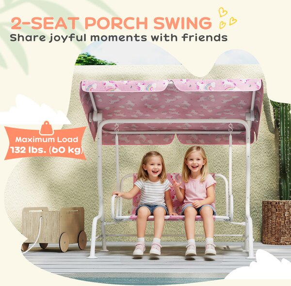 AIYAPLAY Kids Porch Swing, 2-Seater Patio Swing Bench Hammock with Seat Belts, Adjustable Canopy for Garden, Pink