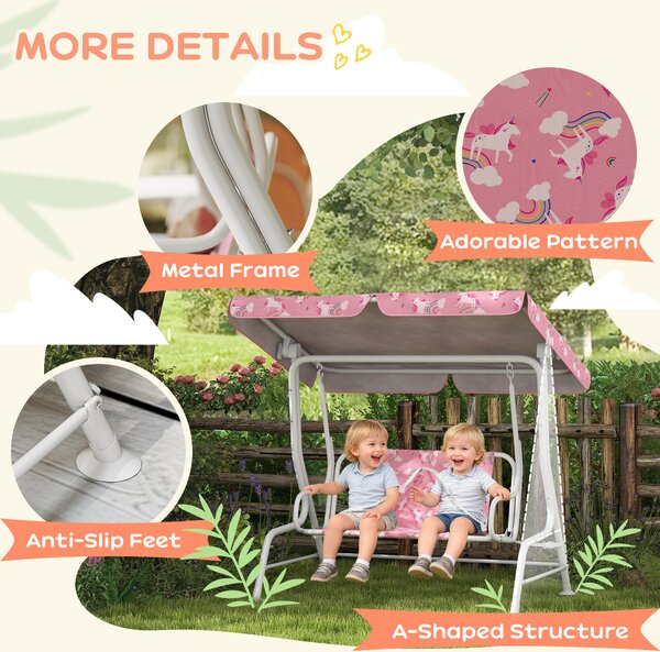 AIYAPLAY Kids Porch Swing, 2-Seater Patio Swing Bench Hammock with Seat Belts, Adjustable Canopy for Garden, Pink