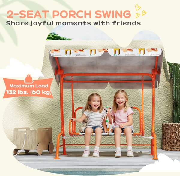 AIYAPLAY Kids Porch Swing, 2-Seater Patio Swing Bench Hammock with Seat Belts, Adjustable Canopy for Garden, Orange