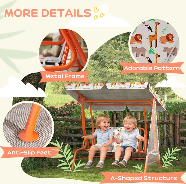 AIYAPLAY Kids Porch Swing, 2-Seater Patio Swing Bench Hammock with Seat Belts, Adjustable Canopy for Garden, Orange