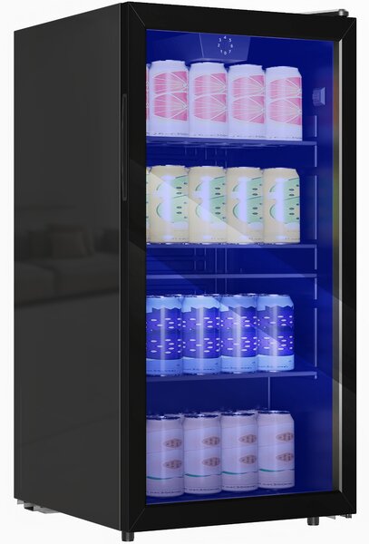 HOMCOM 93L Drinks Fridge, 115 Can Freestanding Beer Fridge with Glass Door, Adjustable Shelves, LED Light, for Beer Soda, Black