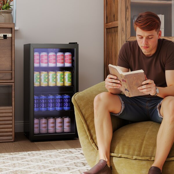 HOMCOM 93L Drinks Fridge, 115 Can Freestanding Beer Fridge with Glass Door, Adjustable Shelves, LED Light, for Beer Soda, Black