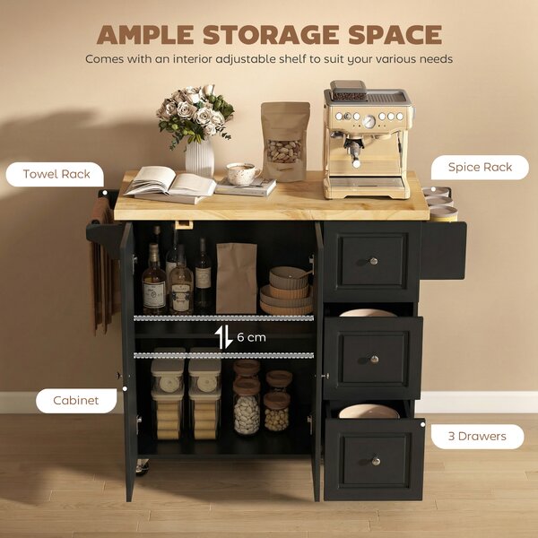 HOMCOM Kitchen Island on Wheels, Rolling Kitchen Storage Trolley with Drop Leaf, Drawers, Towel and Spice Rack, Black