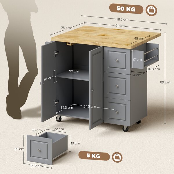 HOMCOM Kitchen Island on Wheels, Rolling Kitchen Storage Trolley with Drop Leaf, Drawers, Towel and Spice Rack, Grey