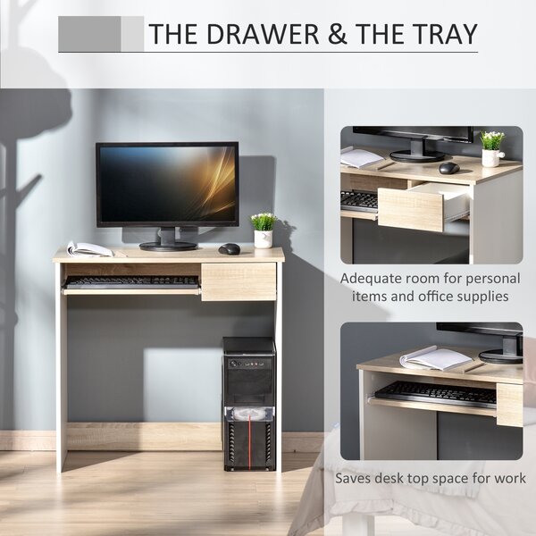 HOMCOM Compact Computer Table with Keyboard Tray Drawer Study Office Working Gaming Writing Desk, Oak Colour Aosom UK
