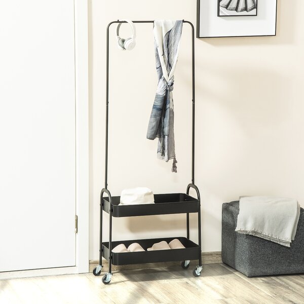 HOMCOM Freestanding Metal Clothes Rail with Shoe Storage, Coat Stand on Wheels, 2-Tier Hall Tree with Shelves, Black Aosom UK