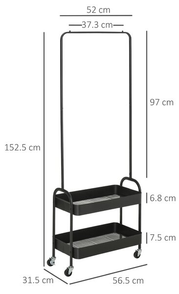 HOMCOM Freestanding Metal Clothes Rail with Shoe Storage, Coat Stand on Wheels, 2-Tier Hall Tree with Shelves, Black Aosom UK