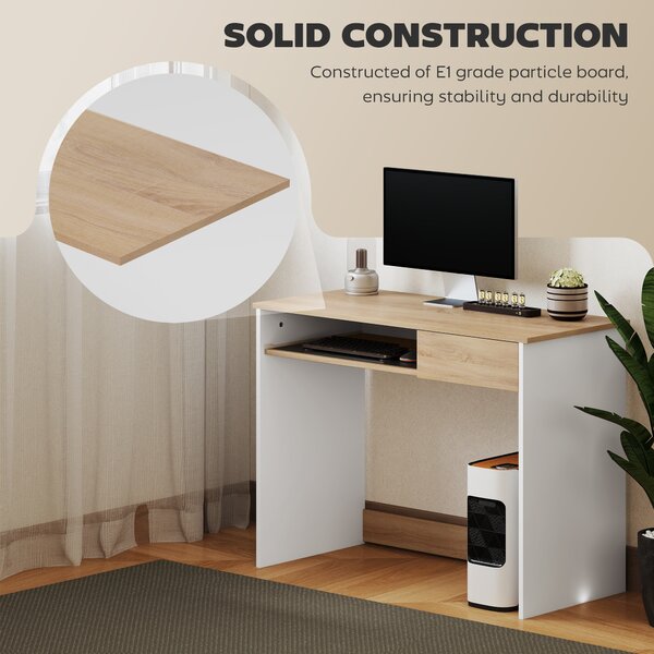 HOMCOM Compact Computer Desk with Keyboard Tray, Home Office Desk with Drawer for Bedroom Study, Oak