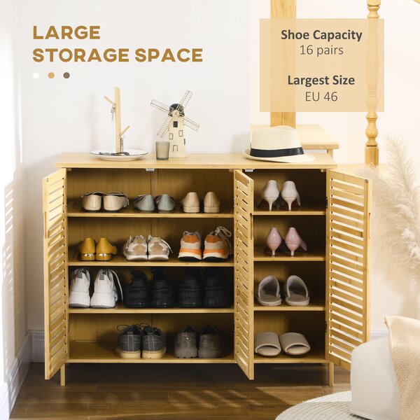 HOMCOM Rustic Shoe Cabinet, 3 Door Shoe Storage Cabinet with 8 Shelves, Natural Wood Finish