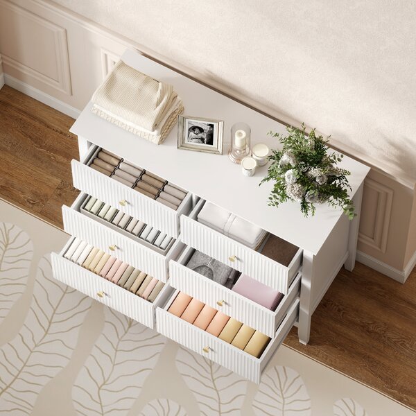 HOMCOM Fluted Dresser, 6 Drawer Chest of Drawers for Bedroom, Living Room, Hallway, Closet, White