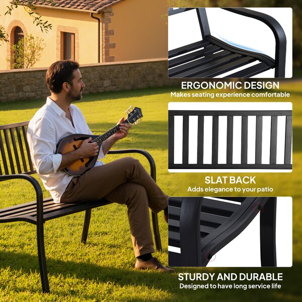 Outsunny Metal Garden Bench Loveseat with Slatted Seat, Black