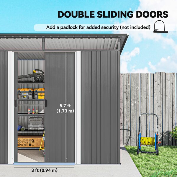 Outsunny 9ft x 6.5ft Garden Storage Shed, Metal Garden Shed with Double Doors Top Window, Outdoor Tool Storage House, Light Grey Aosom UK