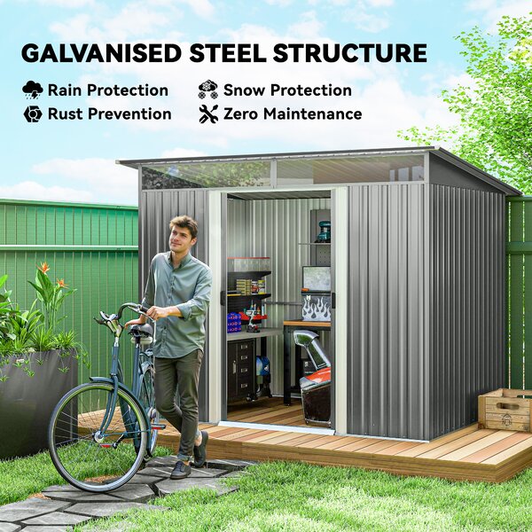 Outsunny 9ft x 6.5ft Garden Storage Shed, Metal Garden Shed with Double Doors Top Window, Outdoor Tool Storage House, Light Grey Aosom UK