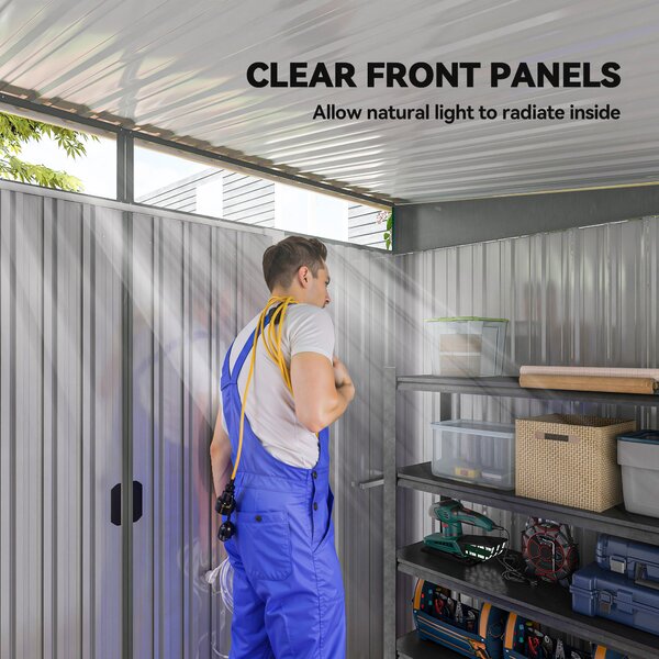Outsunny 9ft x 6.5ft Garden Storage Shed, Metal Garden Shed with Double Doors Top Window, Outdoor Tool Storage House, Light Grey Aosom UK