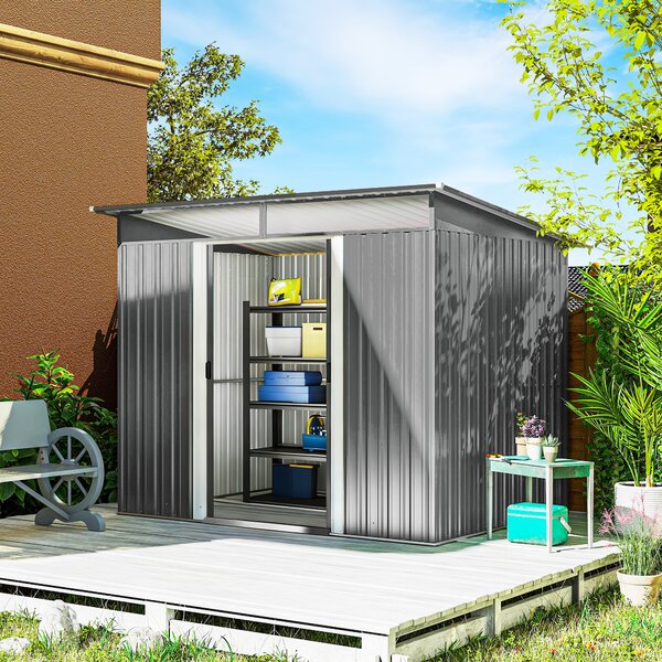Outsunny 9ft x 6.5ft Garden Storage Shed, Metal Garden Shed with Double Doors Top Window, Outdoor Tool Storage House, Light Grey Aosom UK