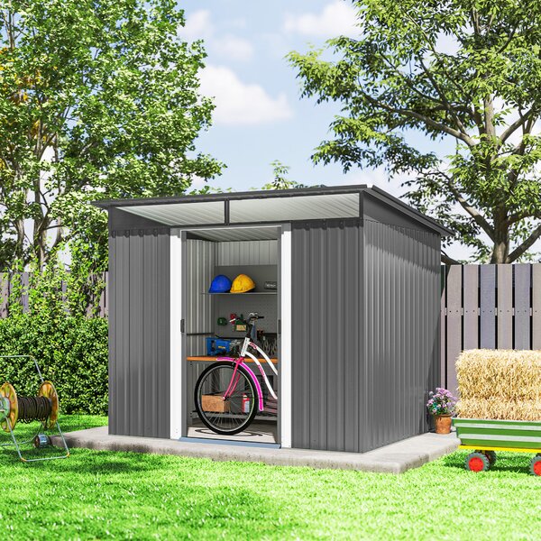 Outsunny 9ft x 6.5ft Garden Storage Shed, Metal Garden Shed with Double Doors Top Window, Outdoor Tool Storage House, Light Grey Aosom UK