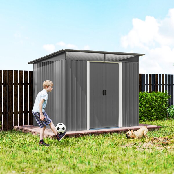 Outsunny 9ft x 6.5ft Garden Storage Shed, Metal Garden Shed with Double Doors Top Window, Outdoor Tool Storage House, Light Grey Aosom UK