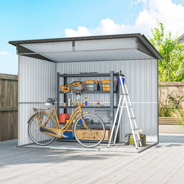 Outsunny 9ft x 6.5ft Garden Storage Shed, Metal Garden Shed with Double Doors Top Window, Outdoor Tool Storage House, Light Grey Aosom UK