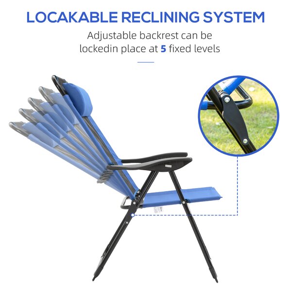 Outsunny Set of 2 Portable Folding Recliner Metal Outdoor Patio Chaise Lounge Chairs with Adjustable Backrest, Blue
