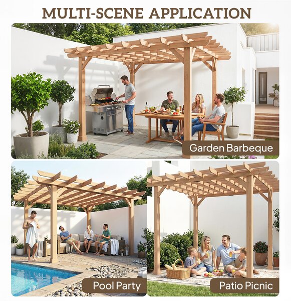 Outsunny 3.6x3.6m Wooden Garden Pergola Kit, Heavy-Duty Outdoor Grape Trellis Gazebo Arch, Stable Solid Wood Construction, Dark Brown Aosom UK