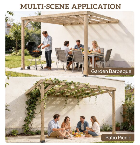 Outsunny Lean-To Wooden Pergola Kit, Decorative Garden Gazebo with Stable Structure and Concrete Anchors, 2.4 x 2.4m, Light Brown