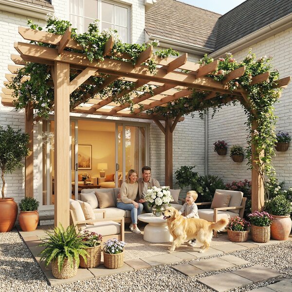 Outsunny 3.6x3.6m Wooden Garden Pergola Kit, Heavy-Duty Outdoor Grape Trellis Gazebo Arch, Stable Solid Wood Construction, Dark Brown Aosom UK