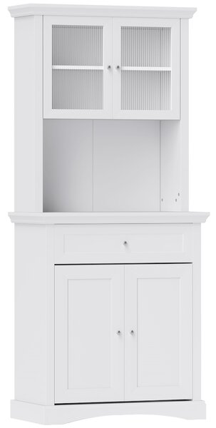 HOMCOM 4-Door Kitchen Cupboard with Drawer, Freestanding Kitchen Cabinet with Glass Doors, Adjustable Shelves and Open Counter, White
